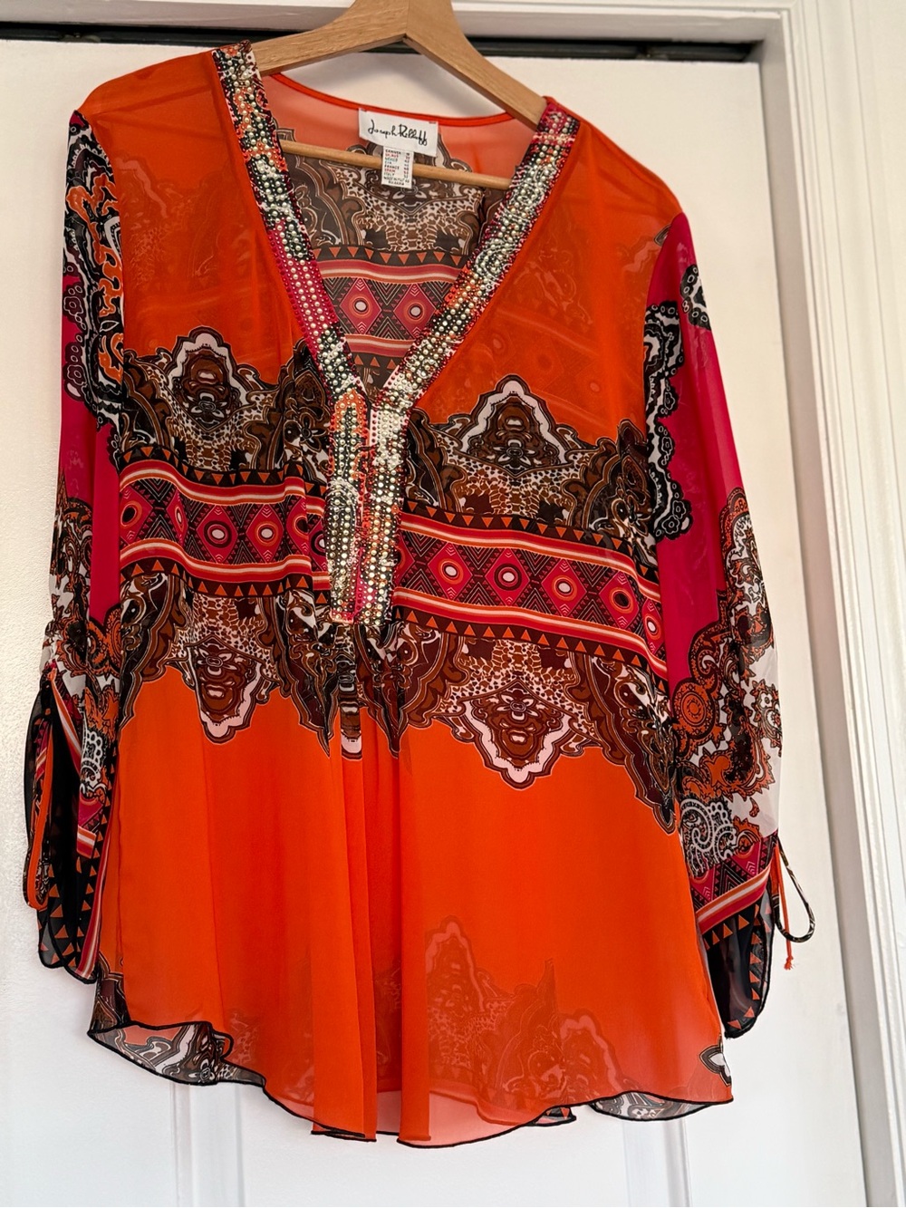 Joseph Ribkoff Orange and Pink Beaded V-Neck Printed Blouse